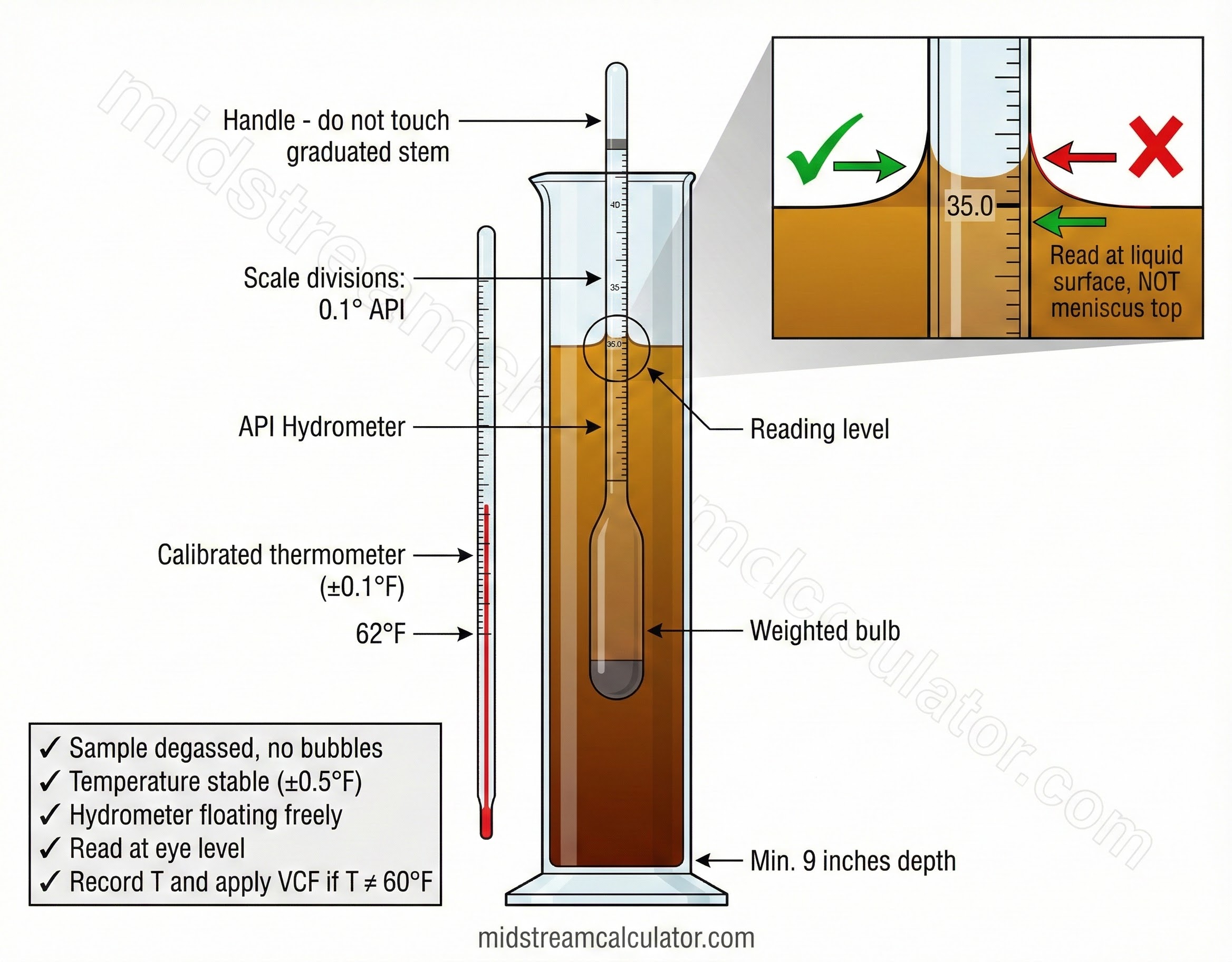 Hydrometer measurement setup per ASTM D1298.
